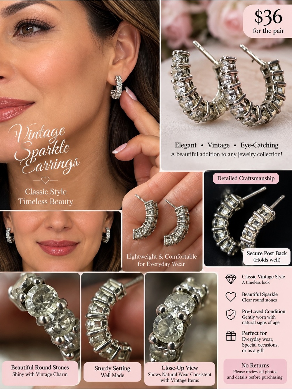 Vintage Sparkle Hoop Earrings - Silver Crystal Accent